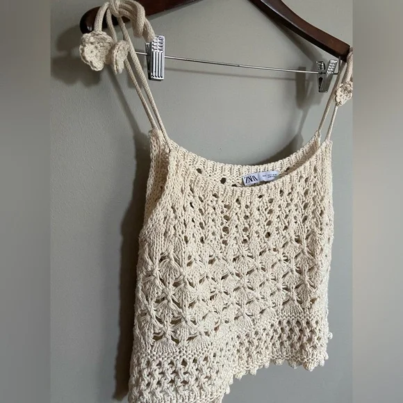 Zara Crochet Top 100% Cotton Flower Ties Size S - Picture 4 of 7